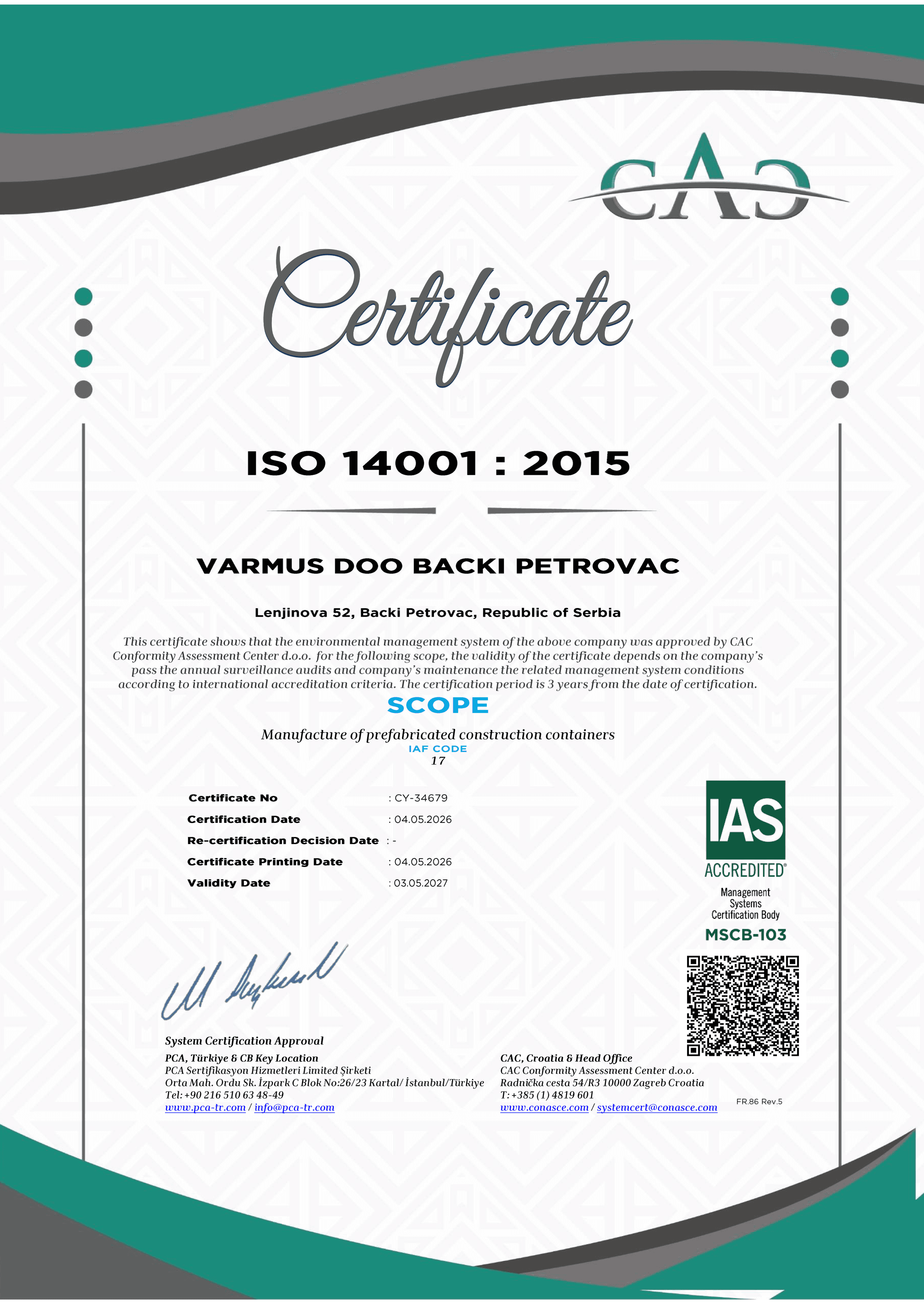 Preview of the ISO 14001 certificate