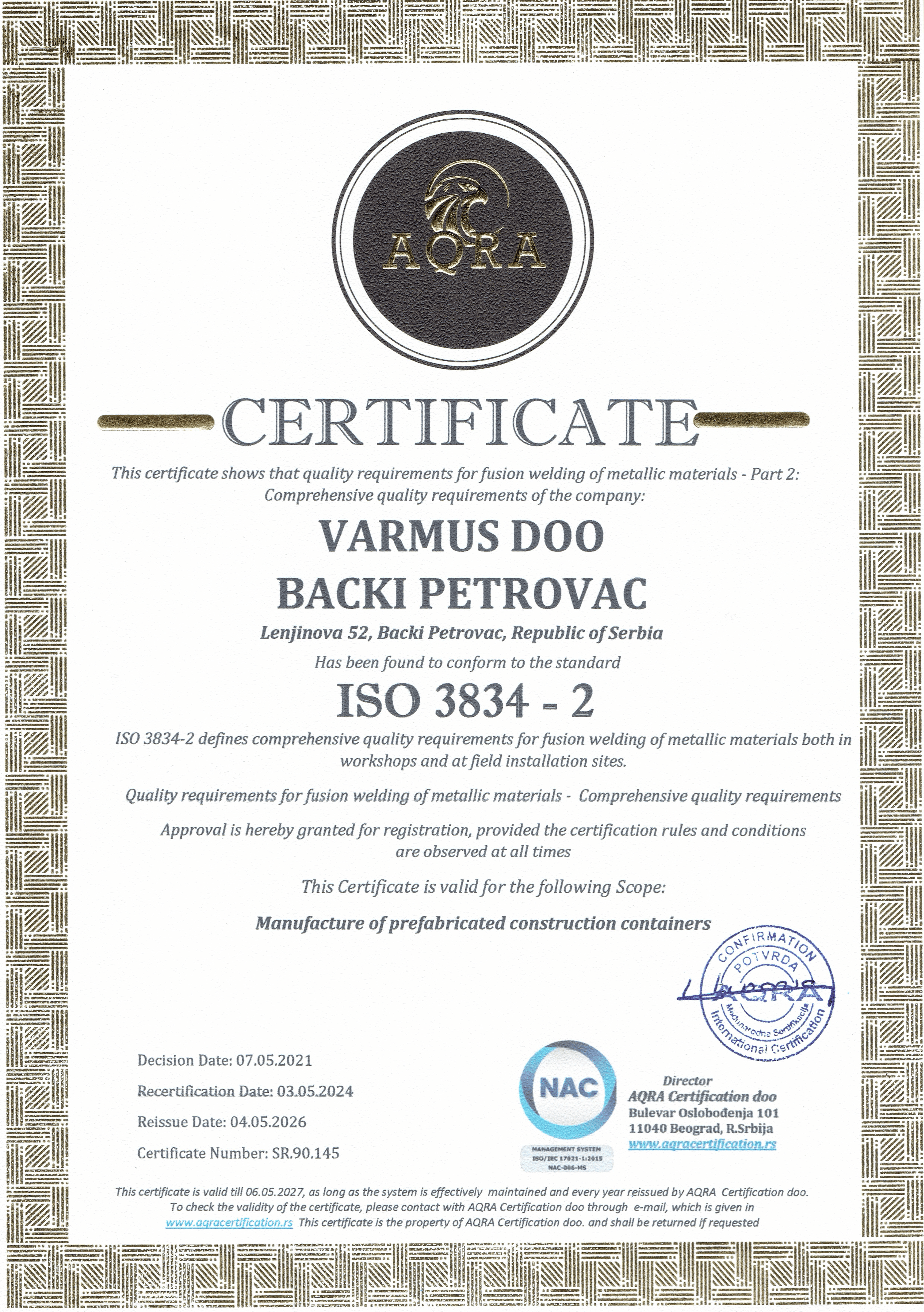Preview of the ISO 3834-2 certificate