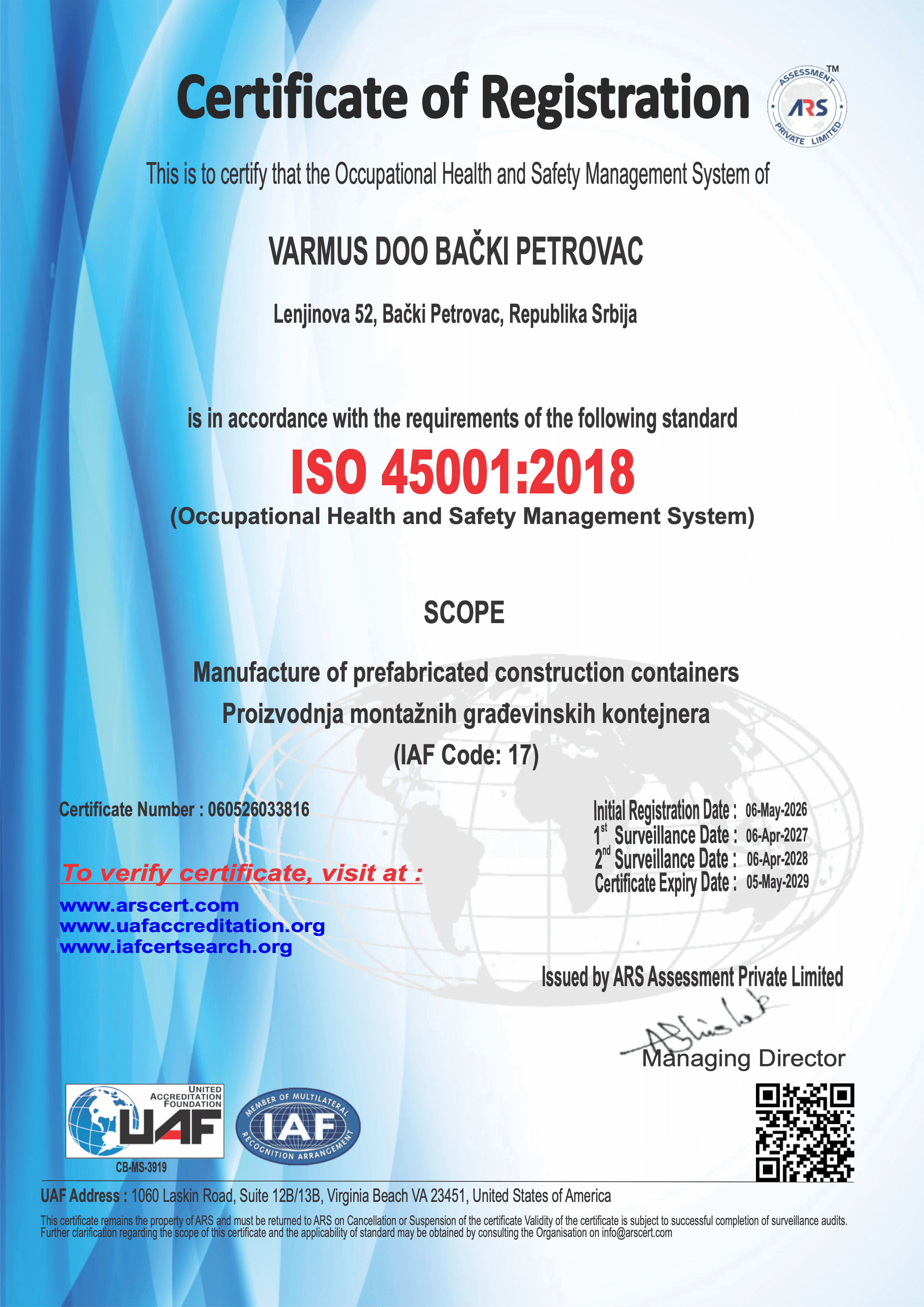 Preview of the ISO 45001 certificate