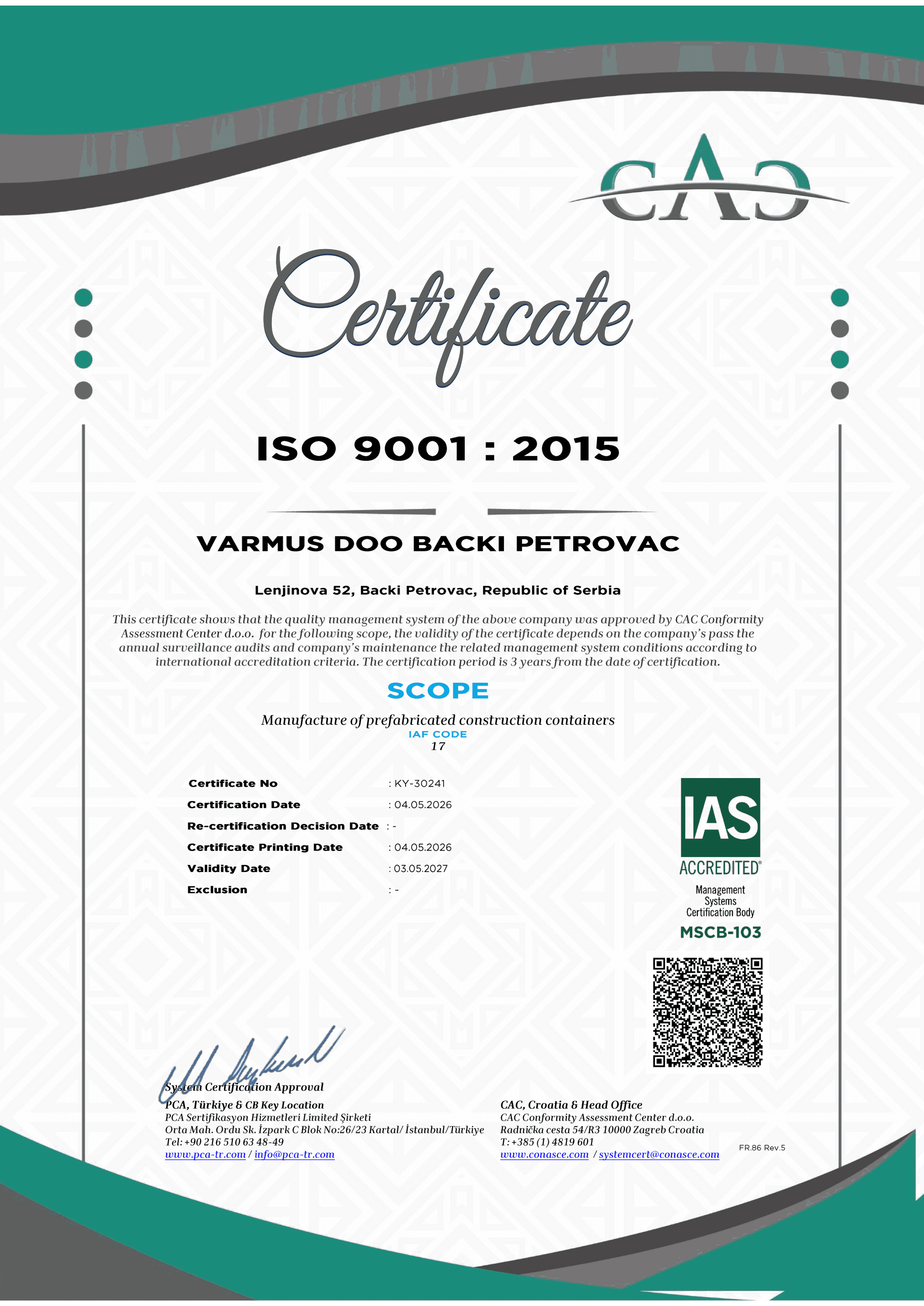 Preview of the ISO 9001 certificate