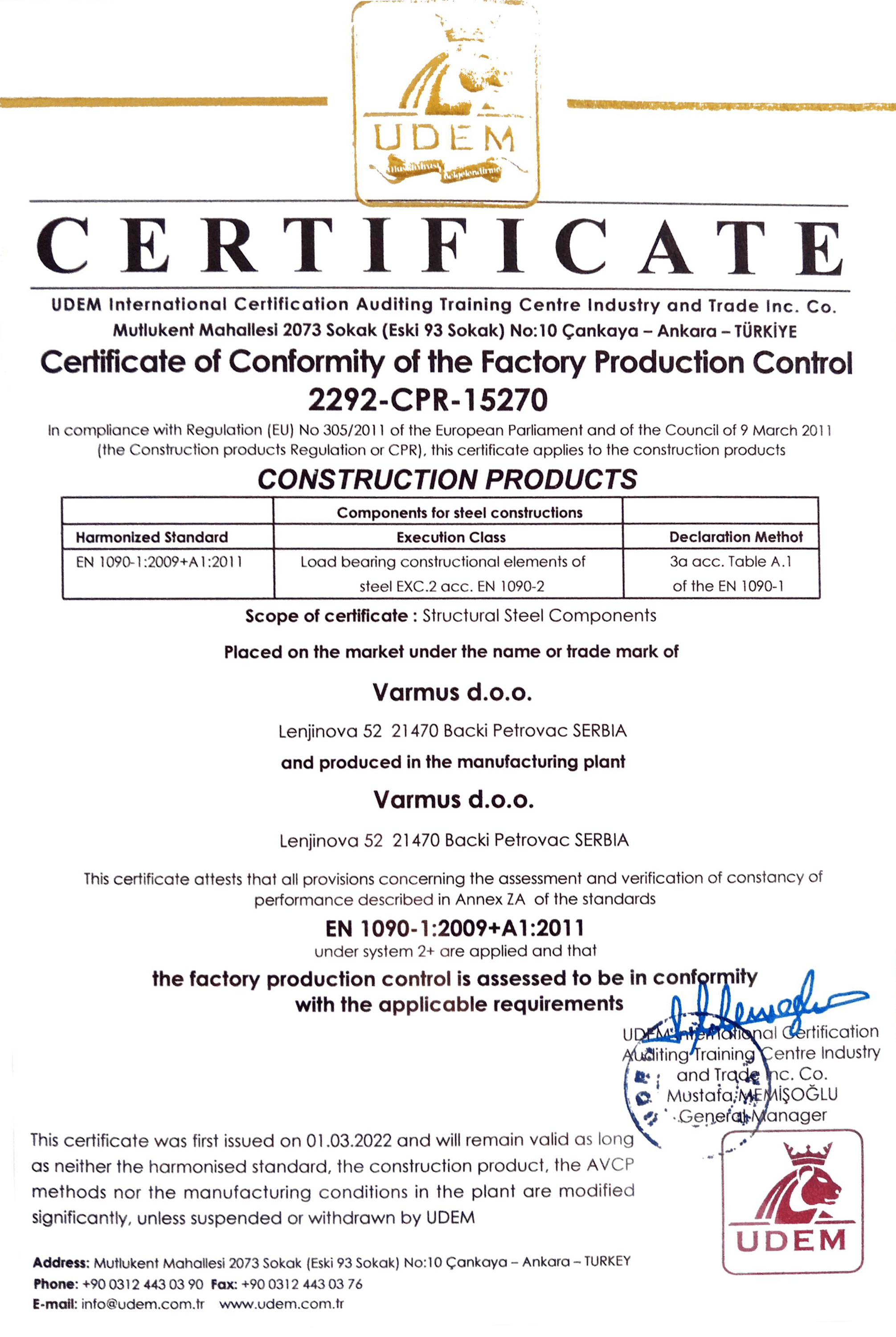 Preview of the EN 1090-1 certificate