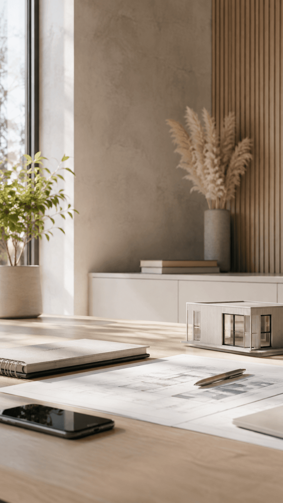 Model modular building with architectural drawings